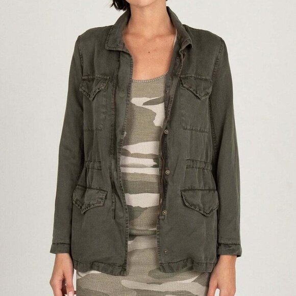 Monrow Jacket Military Style Womens Medium Green Linen Blend Utility Snap Button - Picture 4 of 5